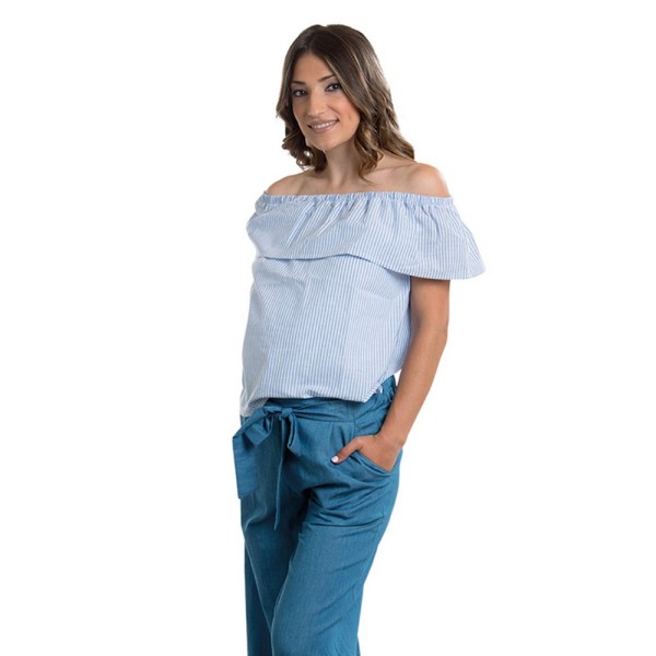 TOP IN TELA DI COTONE RIGATA CON BALZA ELASTICA