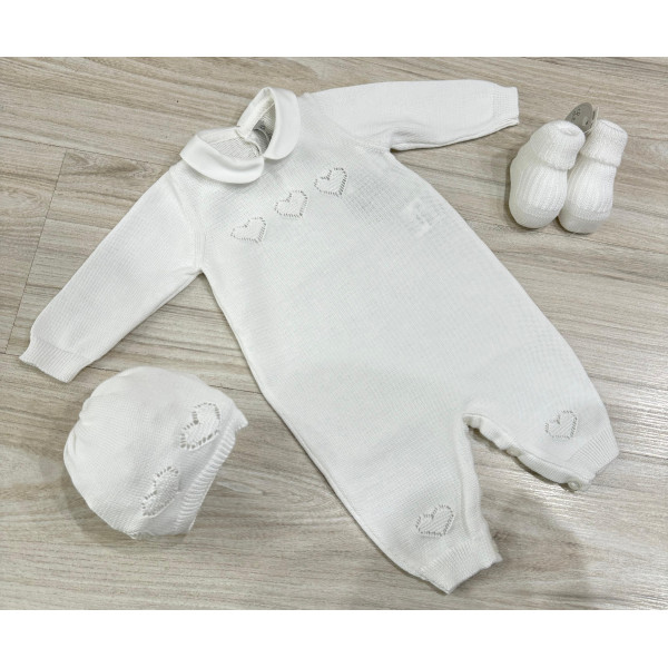 SET CORREDINO IN FILO BIANCO CON CUORI, TUTINA CAPPELLINO E BABBUCCE