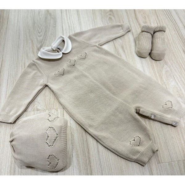 SET CORREDINO IN FILO MIELE CON CUORI, TUTINA CAPPELLINO E BABBUCCE