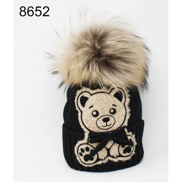 CUFFIA CON RISVOLTO CON PONPON E ORSETTO PELUCHE