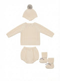 SET CORDINATO COMPLETO NEONATO IN MAGLIA A TRECCE CON CAPPELLINO, COPRIPANNOLINO E SCARPETTE MAC ILLUSION