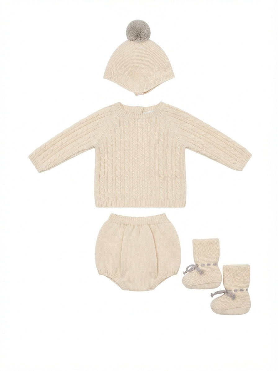 SET CORDINATO COMPLETO NEONATO IN MAGLIA A TRECCE CON CAPPELLINO, COPRIPANNOLINO E SCARPETTE MAC ILLUSION