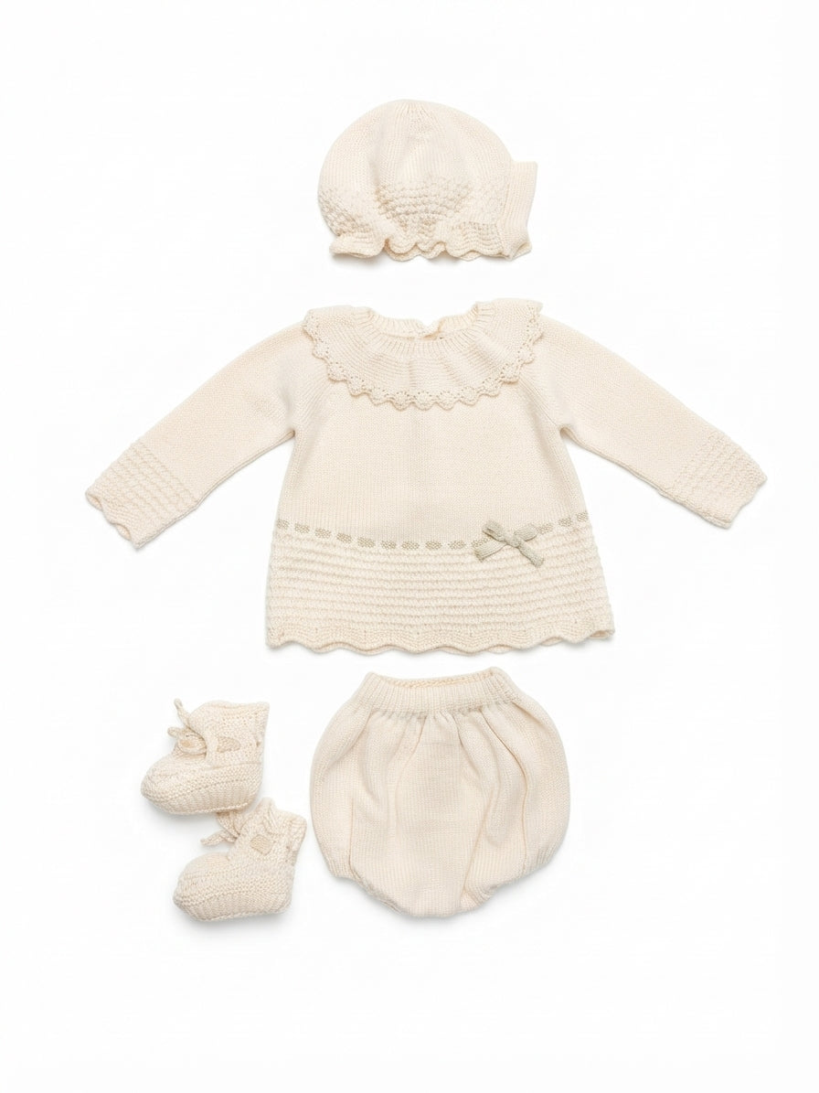 SET CORDINATO COMPLETO 4 PEZZI IN MAGLIA (MAGLIONE, BLOOMERS, CUFFIA, BABBUCCE) MAC ILLUSION