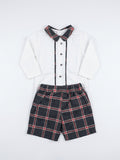 COMPLETO ELEGANTE BIMBO CON PANTALONCINO TARTAN GRIGIO E CAMICIA COLLETTO BABY VIP