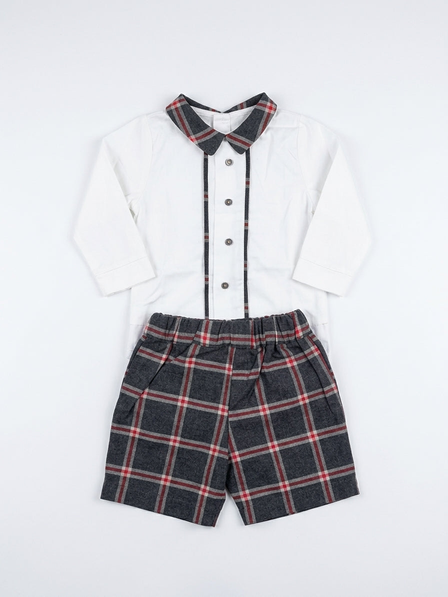 COMPLETO ELEGANTE BIMBO CON PANTALONCINO TARTAN GRIGIO E CAMICIA COLLETTO BABY VIP