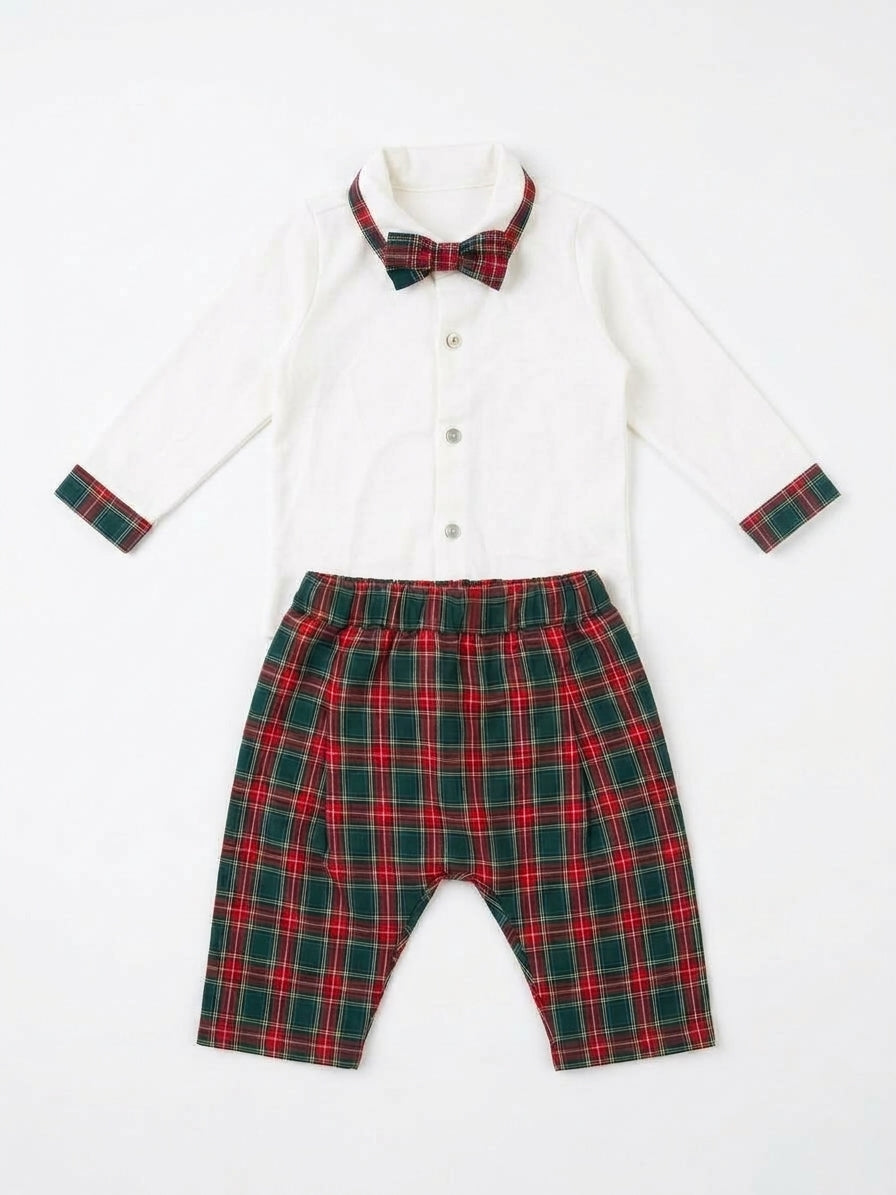 COMPLETO BIMBO CAMICIA BIANCA CON DETTAGLI TARTAN E PANTALONE CON PAPILLON COORDINATO BABY VIP