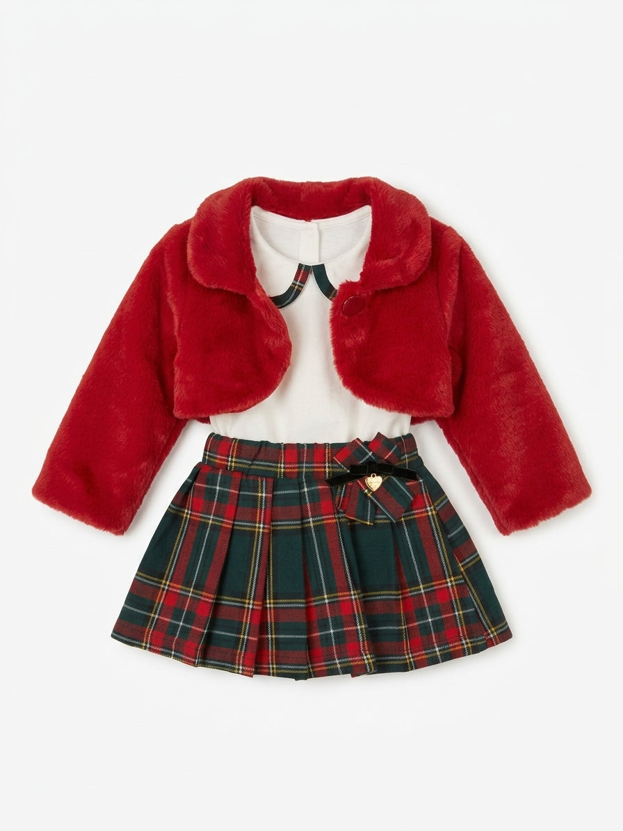 COMPLETO BIMBA ELEGANTE – BOLERO ECOPELLICCIA ROSSA E GONNA TARTAN CON FIOCCO NALU'