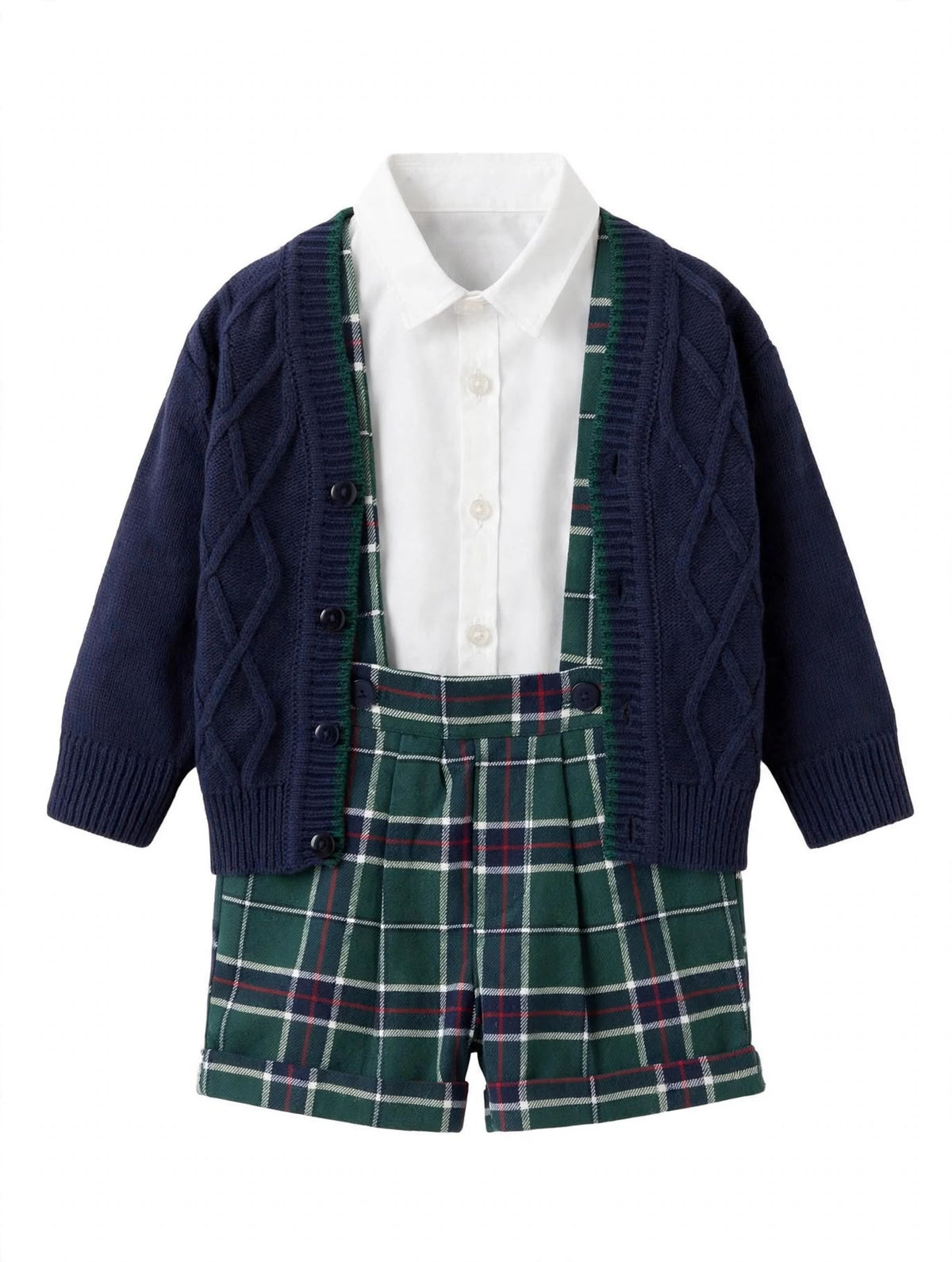 COMPLETO 3 PEZZI BAMBINO: CARDIGAN A TRECCE BLU, CAMICIA BIANCA E PANTALONCINI TARTAN VERDE LE BEBE'