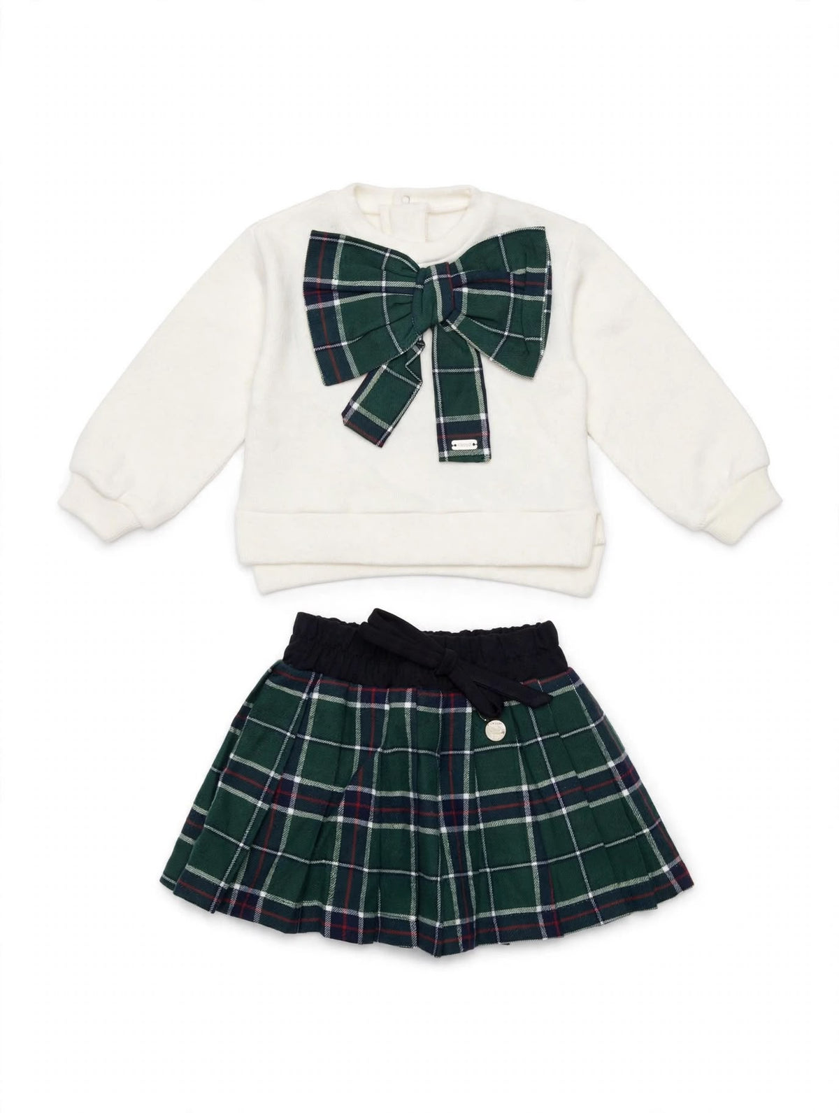 COMPLETINO BIMBA FIOCCO SCOZZESE - MAGLIONCINO CREMA + GONNA A PIEGHE LE BEBE'