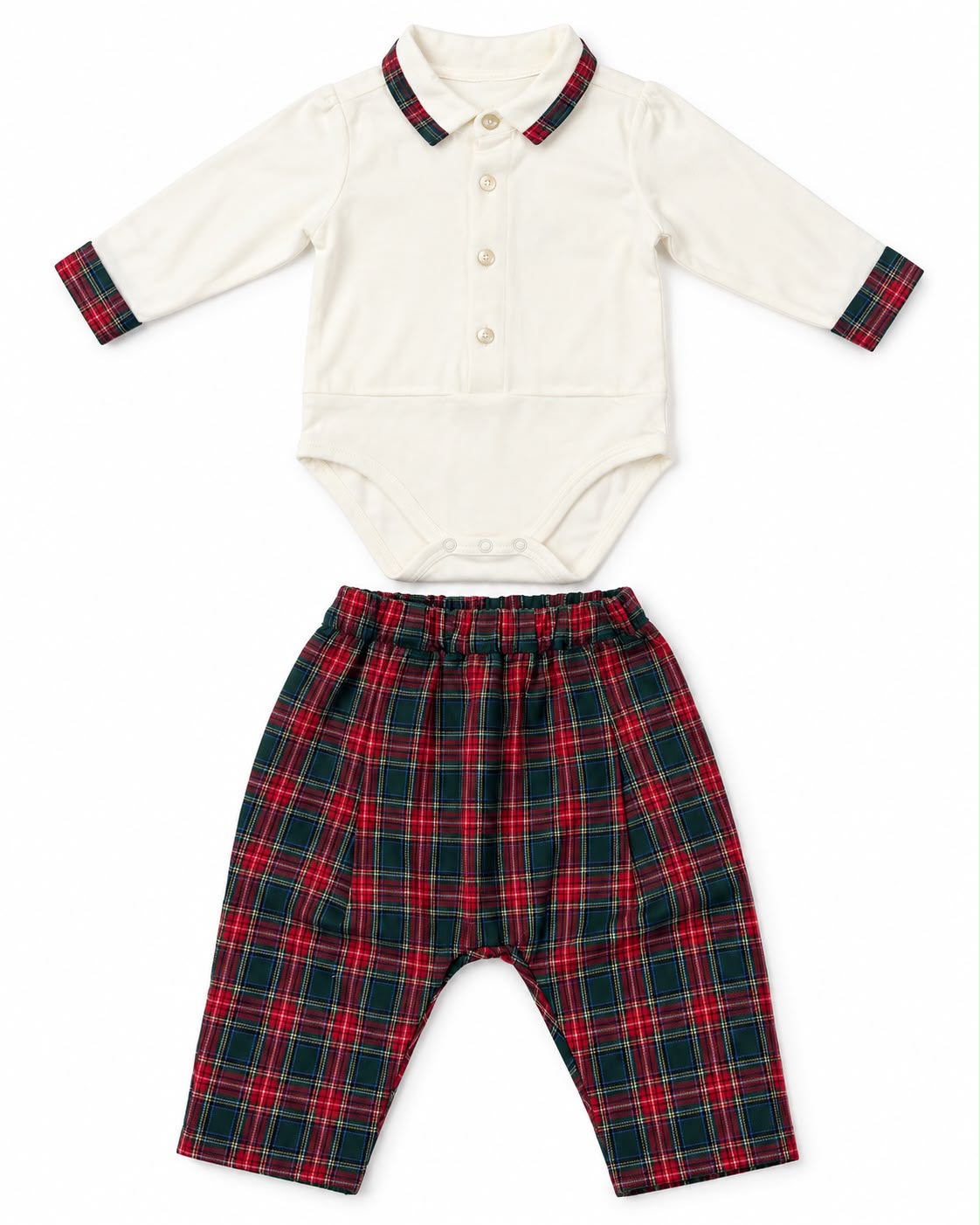 COMPLETO BIMBO CAMICIA BIANCA CON DETTAGLI TARTAN E PANTALONE COORDINATO BABY VIP