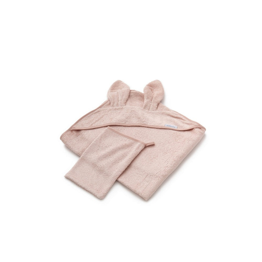 ASCIUGAMANO NEONATO CON ORECCHIE + GUANTO, ROSA