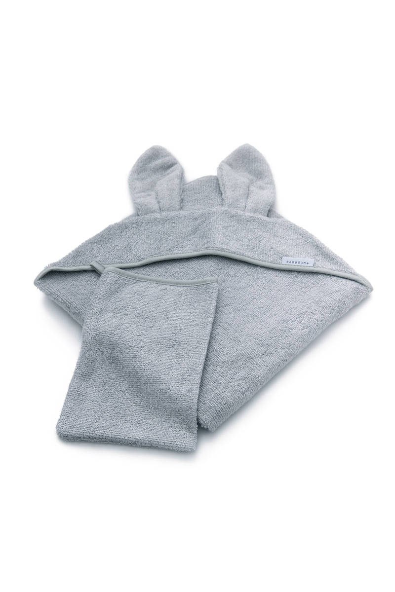 ASCIUGAMANO NEONATO CON ORECCHIE + GUANTO, BLU GHIACCIO