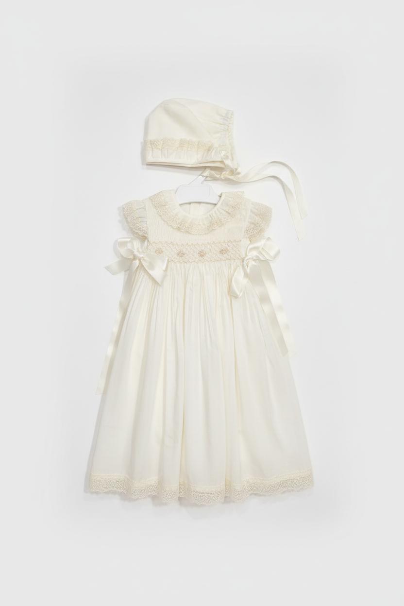 SET COORDINATO ABITO LUNGO RICAMATO CON FIORI E CAPPELLINO BELAN