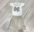 COMPLETINO IN FILO 2 PZ MAGLIA + GONNA BIANCO CON FIOCCO MIELE