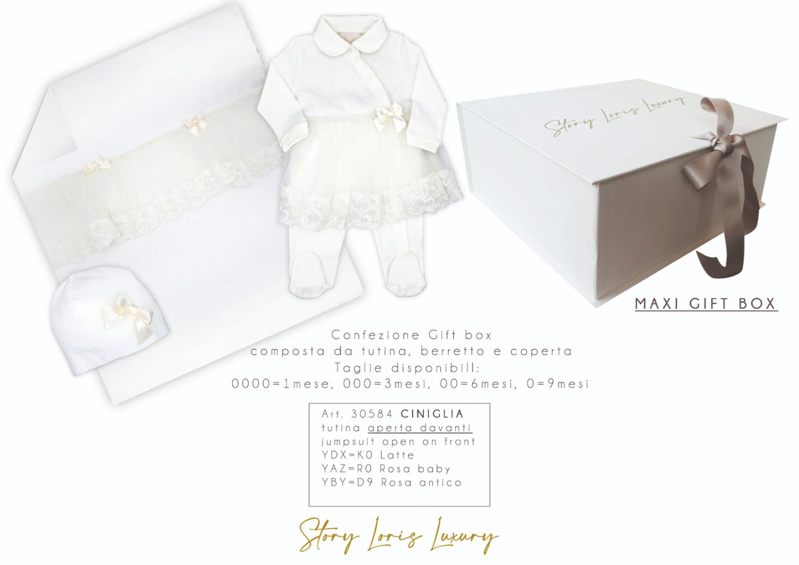 MAXI GIFT BOX: TUTINA APERTA DAVANTI,BERRETTO E COPERTA STORY LORIS