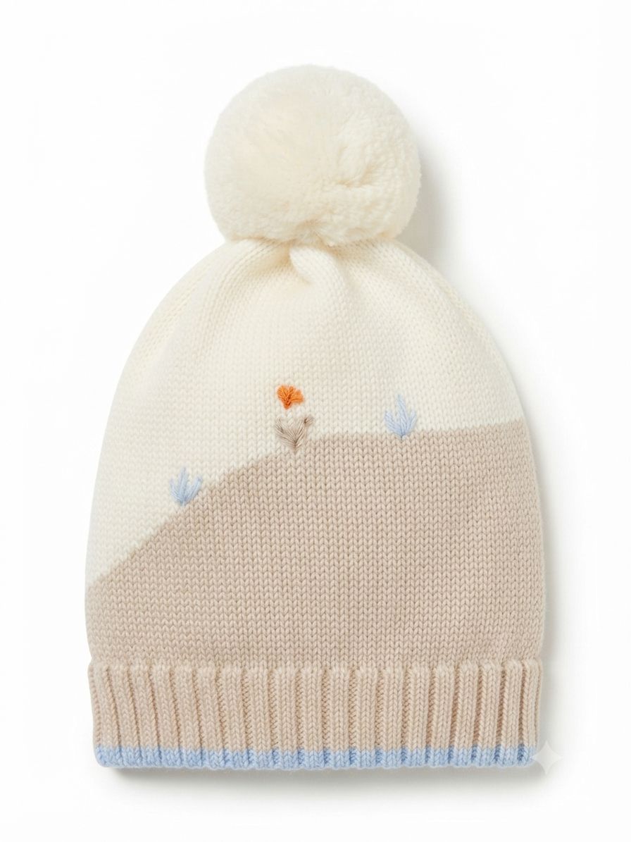 CAPPELLINO IN MAGLIA BICOLORE CON PONPON CON RICAMO FLOREALE PRIMODI'