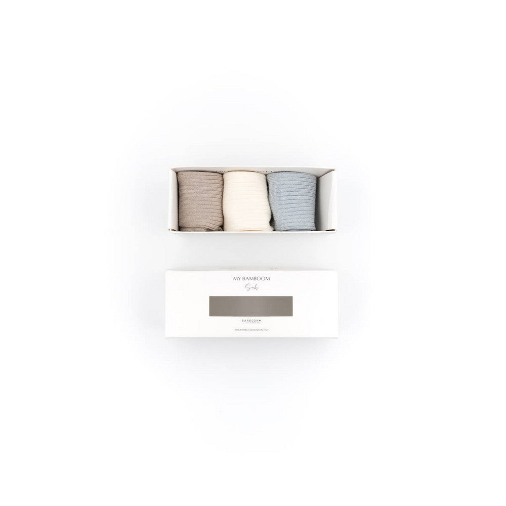 3PC IN GIFT BOX CALZE A COSTE IN BAMBU' LEGGERO - SABBIA-PANNA-AZZURRO 03