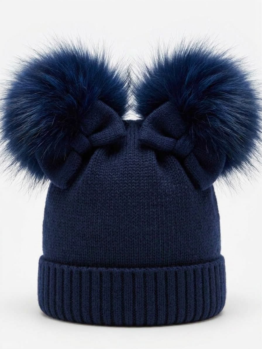 CAPPELLINO IN MAGLIA CON DOPPIO PON-PON IN PELLICCIA VOLPE FINLANDESE E FIOCCHETTI CATYA