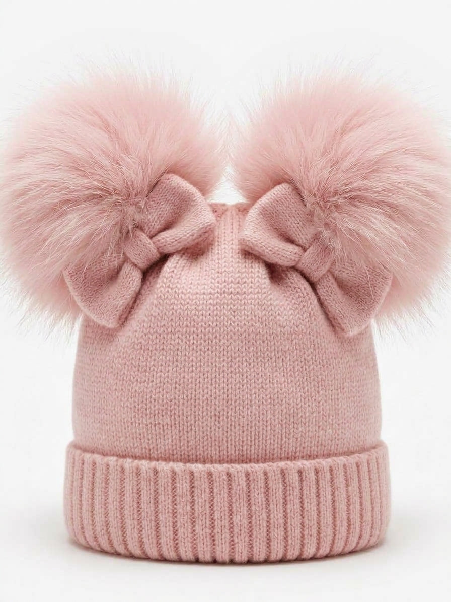 CAPPELLINO IN MAGLIA CON DOPPIO PON-PON IN PELLICCIA VOLPE FINLANDESE E FIOCCHETTI CATYA