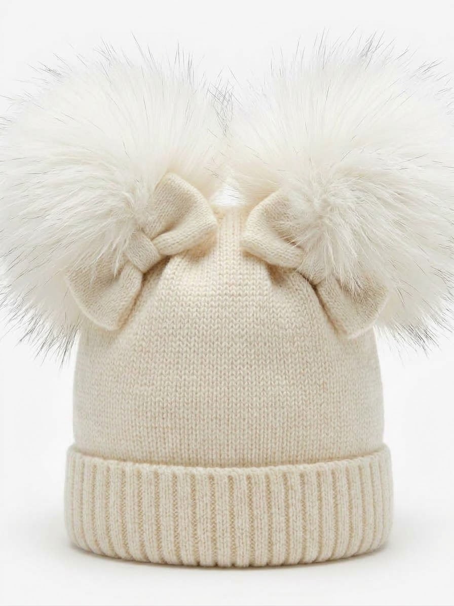 CAPPELLINO IN MAGLIA CON DOPPIO PON-PON IN PELLICCIA VOLPE FINLANDESE E FIOCCHETTI CATYA
