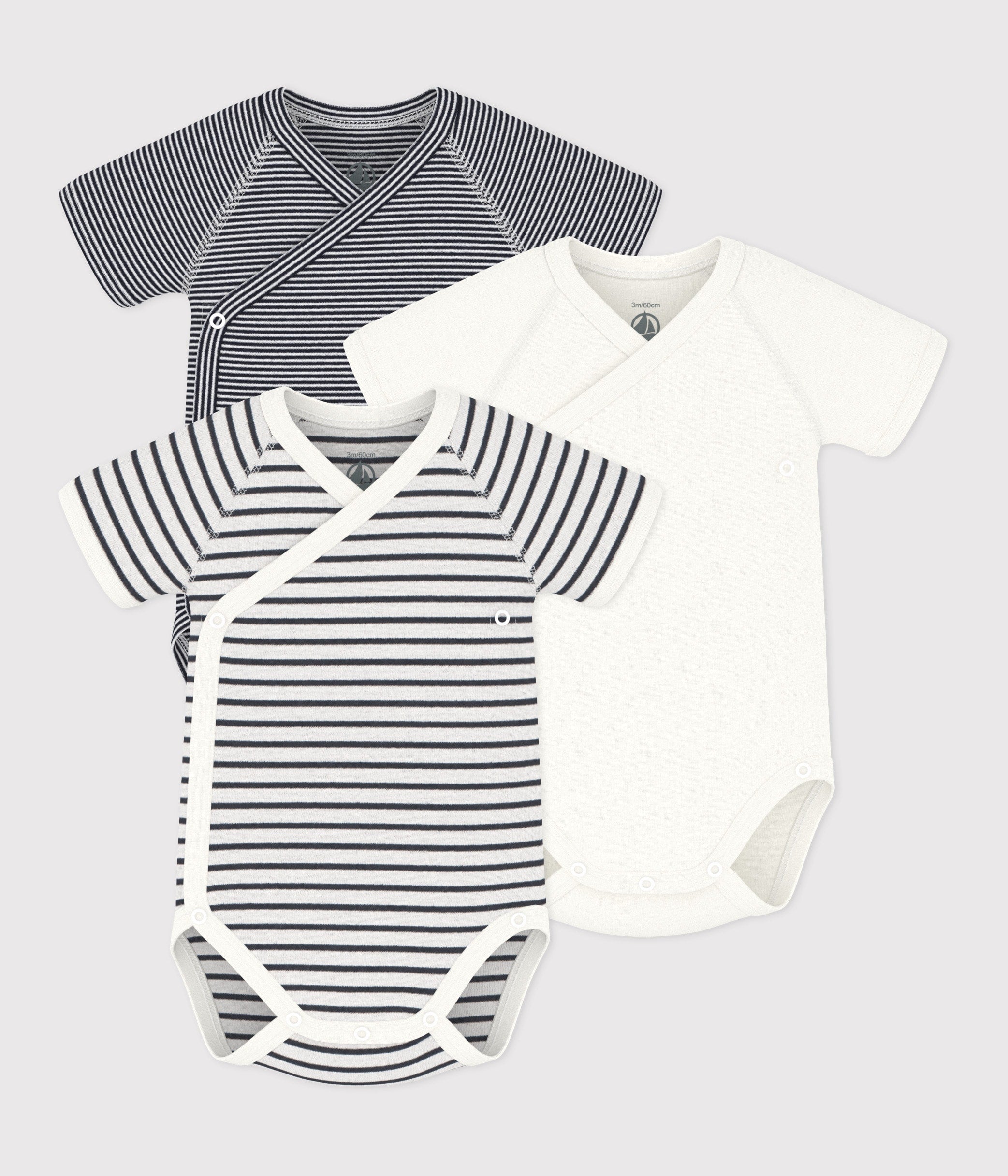 SET 3 BODY INCROCIATI A MANICHE CORTE, A RIGHE, IN COTONE, PER NEONATI PETIT BATEAU