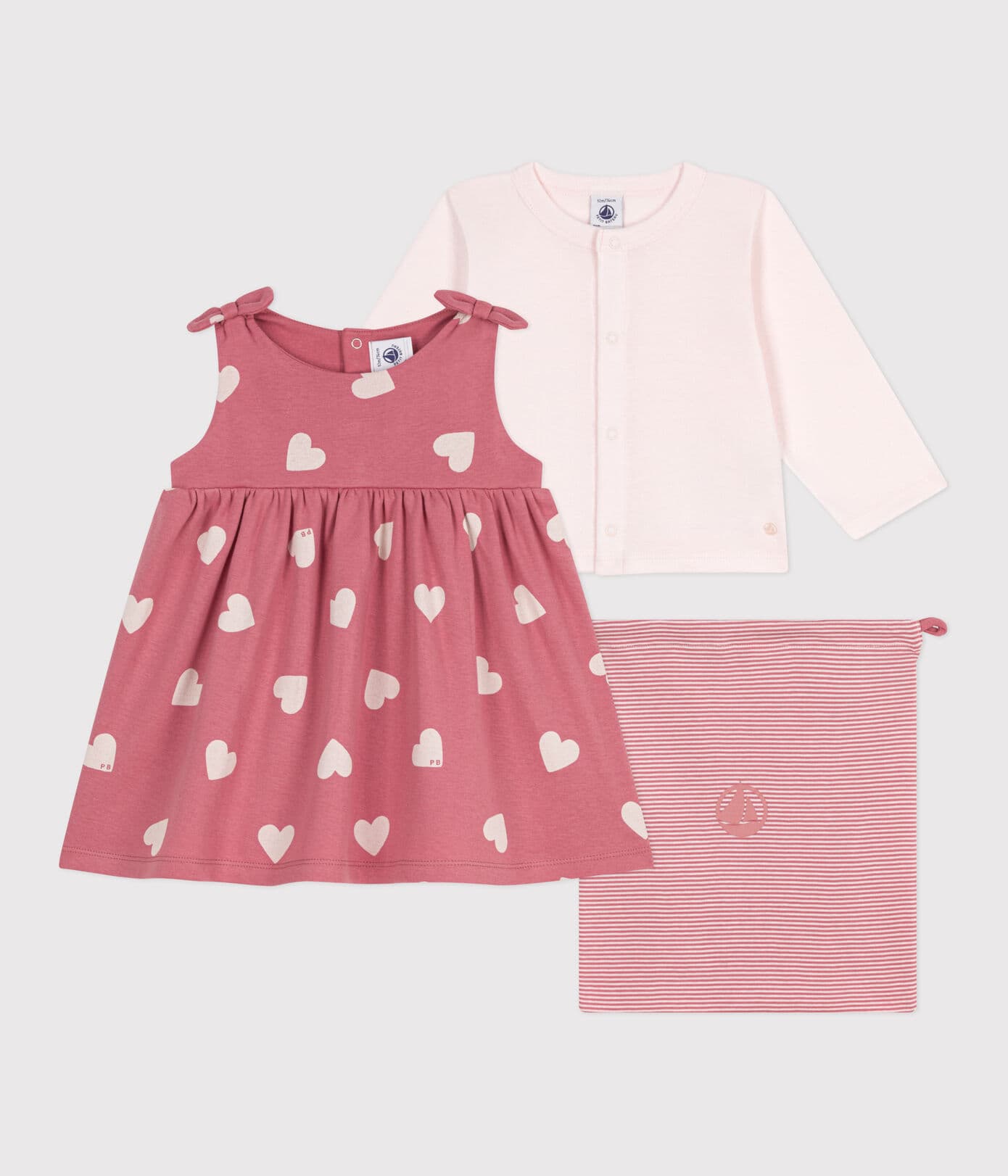 SET DUE PEZZI NEONATO IN COTONE CON CARDIGAN TINTA UNITA E ABITO CON STAMPA PETIT BATEAU