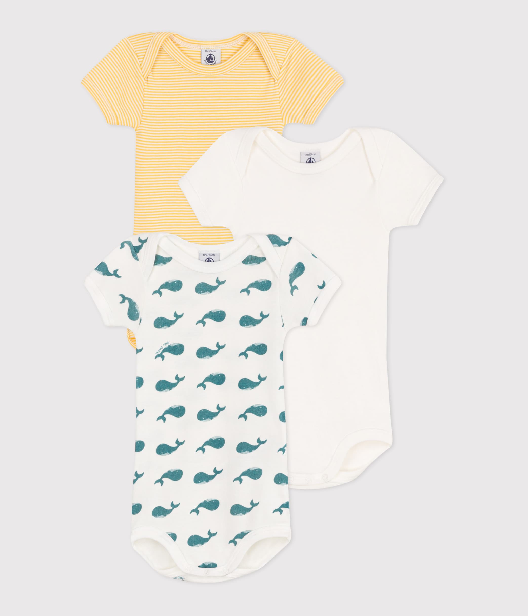 SET 3 BODY A MANICHE CORTE IN COTONE CON BALENE PETIT BATEAU