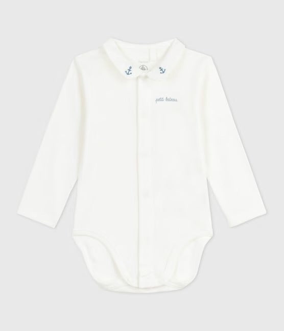 BODY CON COLLETTO RICAMATO E SCRITTA SUL PETTO NEONATO PETIT BATEAU