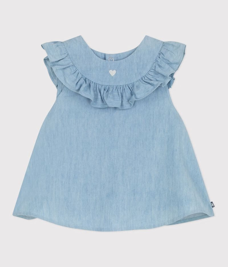 BLUSA SENZA MANICHE IN CHAMBRAY DI COTONE RICAMATO PETIT BATEAU