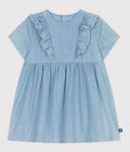 ABITO A MANICHE CORTE IN CHAMBRAY DI COTONE CON CUORI RICAMATI PETIT BATEAU