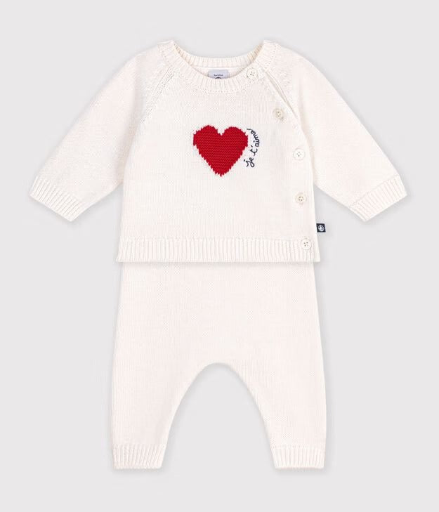 COMPLETO IN MAGLIA JACQUARD NEONATO CON CUORE PETIT BATEAU