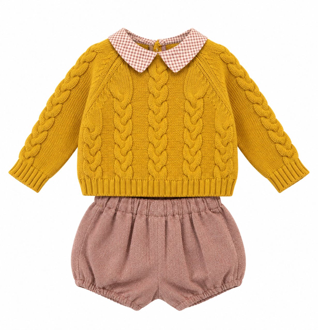 COMPLETO DUE PEZZI COMPOSTO DA MAGLIONCINO CON COLLETTO A QUADRETTI E PANTALONCINO YOEDU