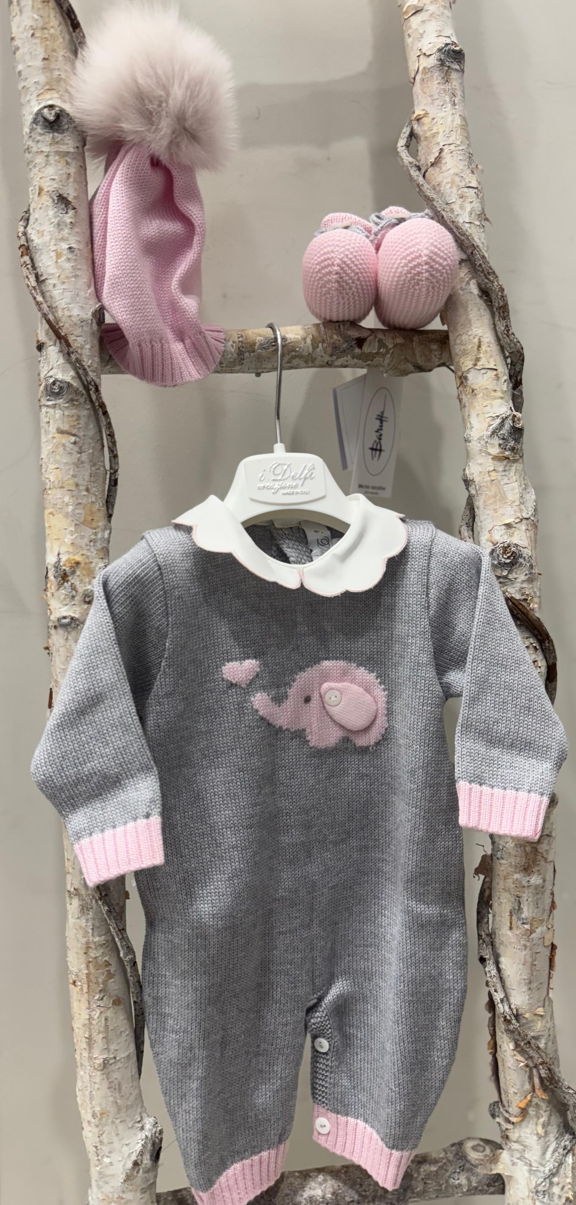 SET CORREDINO CON INTARSIO ELEFANTINO IN PURA LANA : TUTINA, CAPPELLINO PONPON E BABBUCCE I DELFI