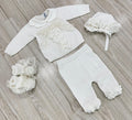 SET CORREDINO IN FILO BIANCO CON FIOCCO RICAMATO, COMPLETINO 2 PEZZI CAPPELLINO E BABBUCCE