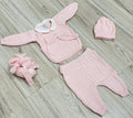 SET CORREDINO IN FILO ROSA CON FIOCCO ROSA, COMPLETO 2PZ CAPPELLINO E BABBUCCE