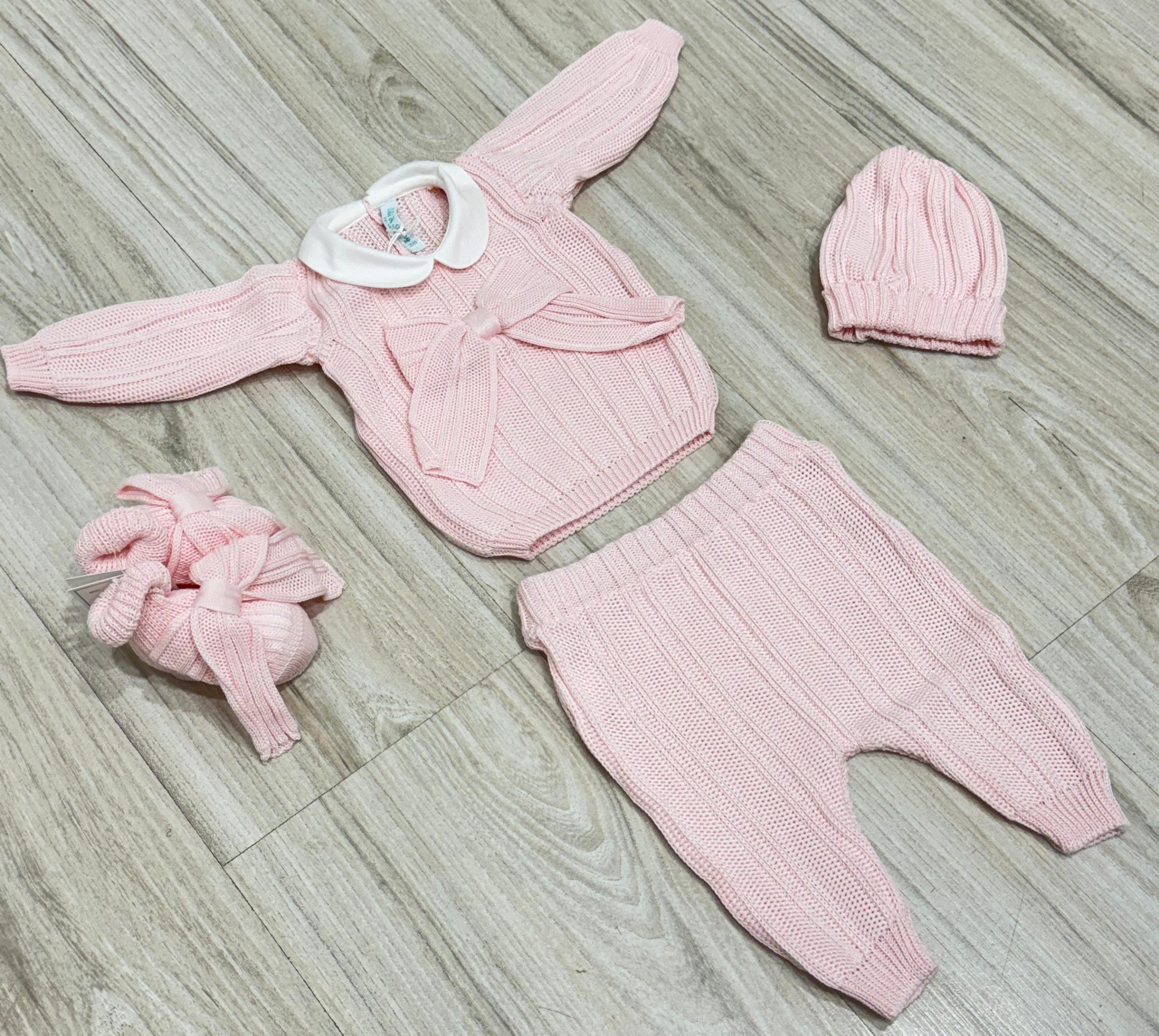 SET CORREDINO IN FILO ROSA CON FIOCCO ROSA, COMPLETO 2PZ CAPPELLINO E BABBUCCE