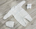 SET CORREDINO IN FILO BIANCO CON INSERTI CELESTE, TUTITA MANICA LUNGA, CAPPELLINO E BABBUCCE