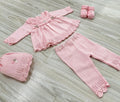SET CORREDINO IN FILO ROSA CON FIOCCO TORTORA, COMPLETO MANICA LUNGA, CAPPELLINO E BABBUCCE