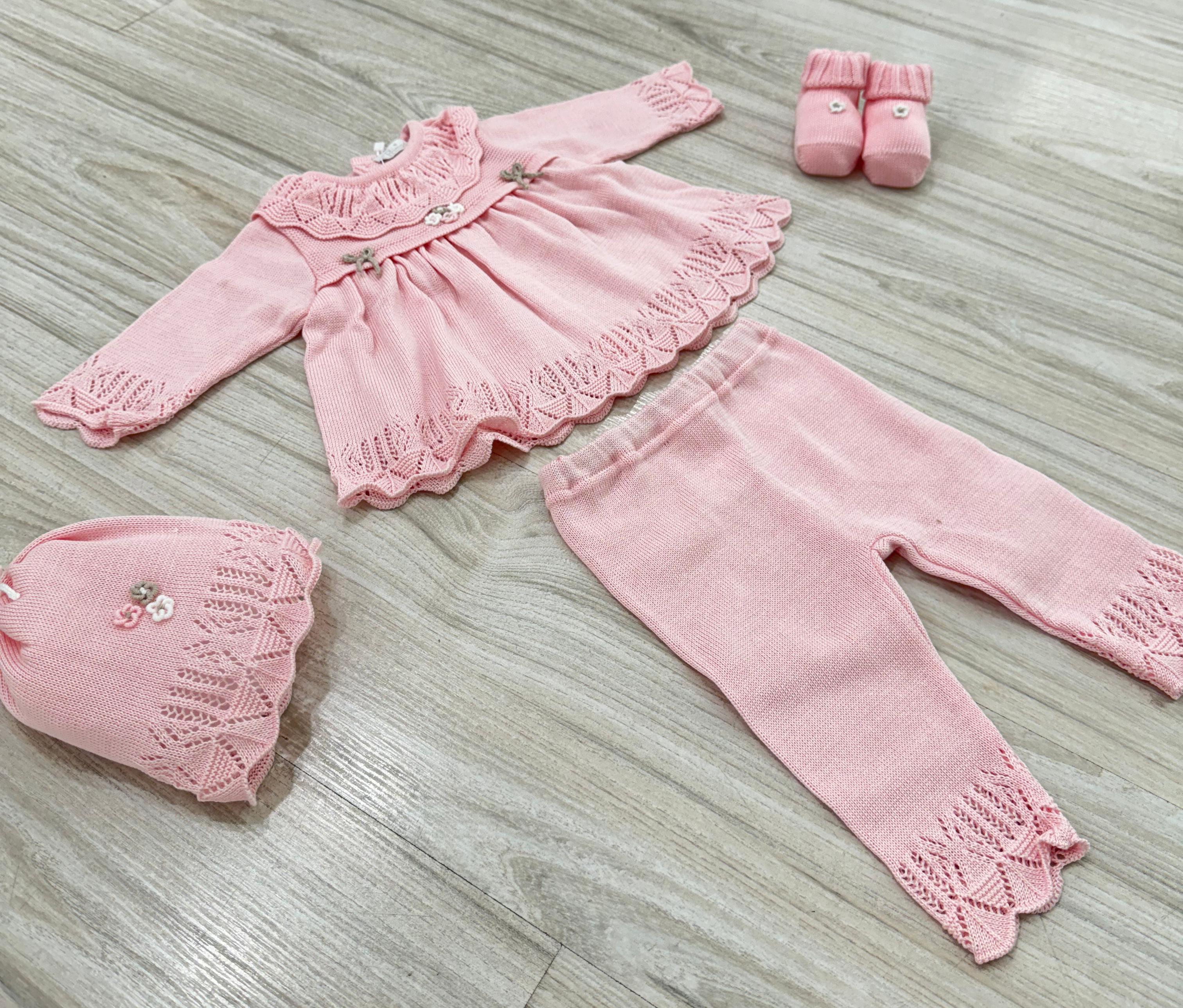 SET CORREDINO IN FILO ROSA CON FIOCCO TORTORA, COMPLETO MANICA LUNGA, CAPPELLINO E BABBUCCE