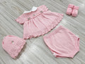 SET CORREDINO IN FILO ROSA CON FIOCCO TORTORA, COMPLETO MANICA CORTA, CAPPELLINO E BABBUCCE