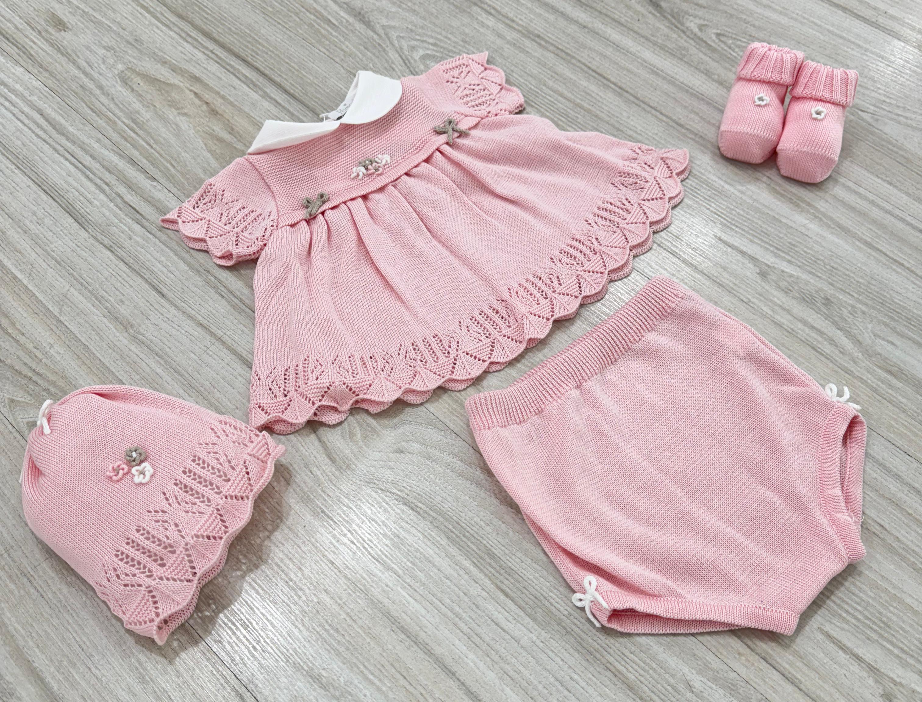 SET CORREDINO IN FILO ROSA CON FIOCCO TORTORA, COMPLETO MANICA CORTA, CAPPELLINO E BABBUCCE
