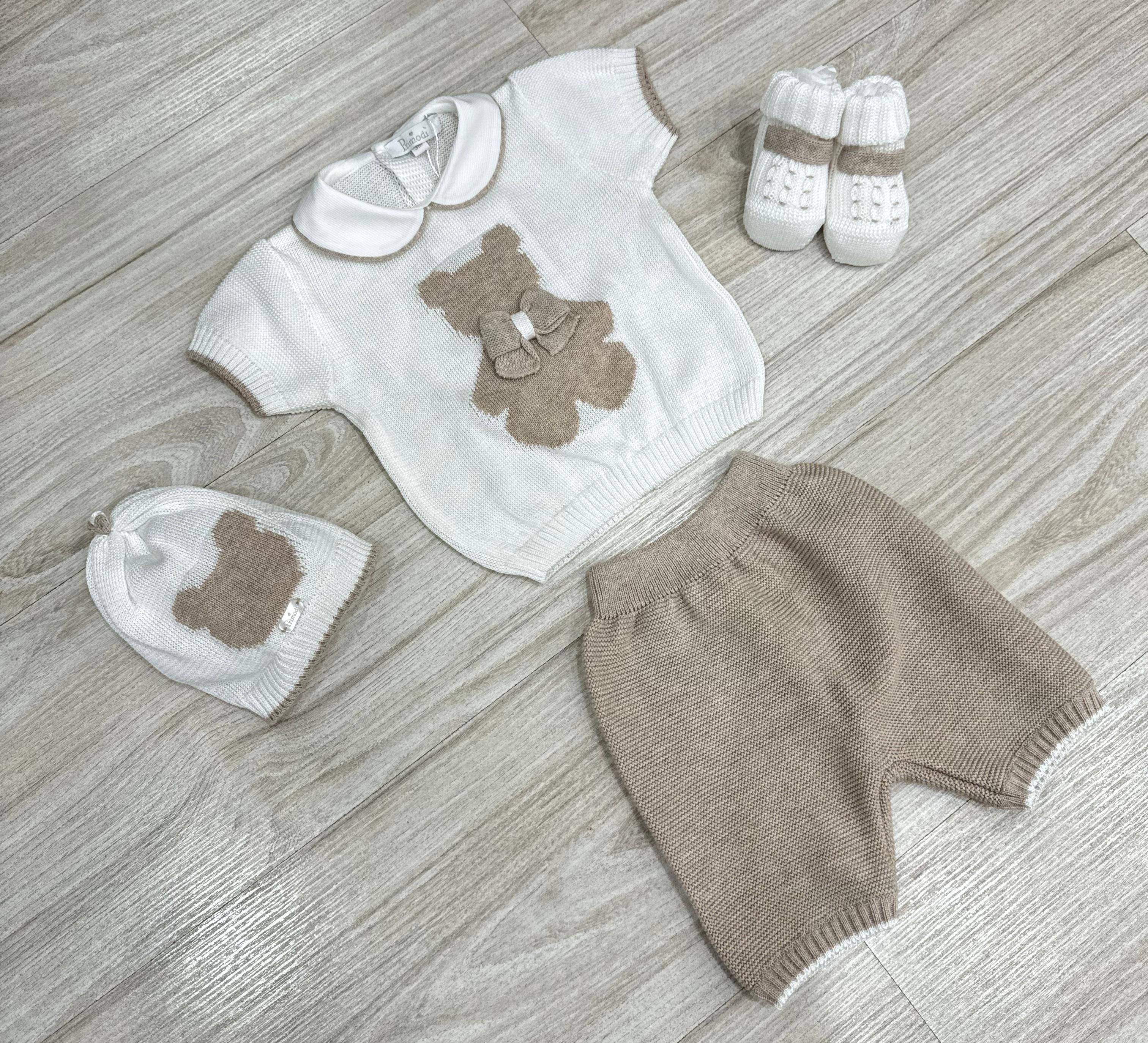 SET CORREDINO IN FILO BIANCO CON ORSETTO TORTORA, COMPLETO MANICA CORTA, CAPPELLINO E BABBUCCE
