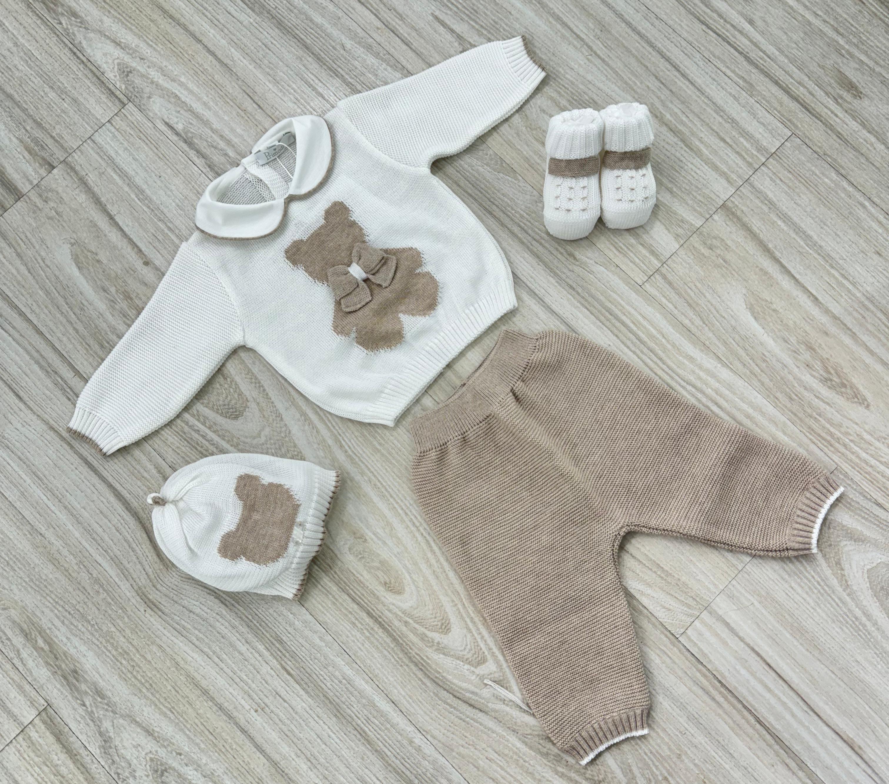 SET CORREDINO IN FILO BIANCO CON ORSETTO TORTORA, COMPLETO MANICA LUNGA, CAPPELLINO E BABBUCCE