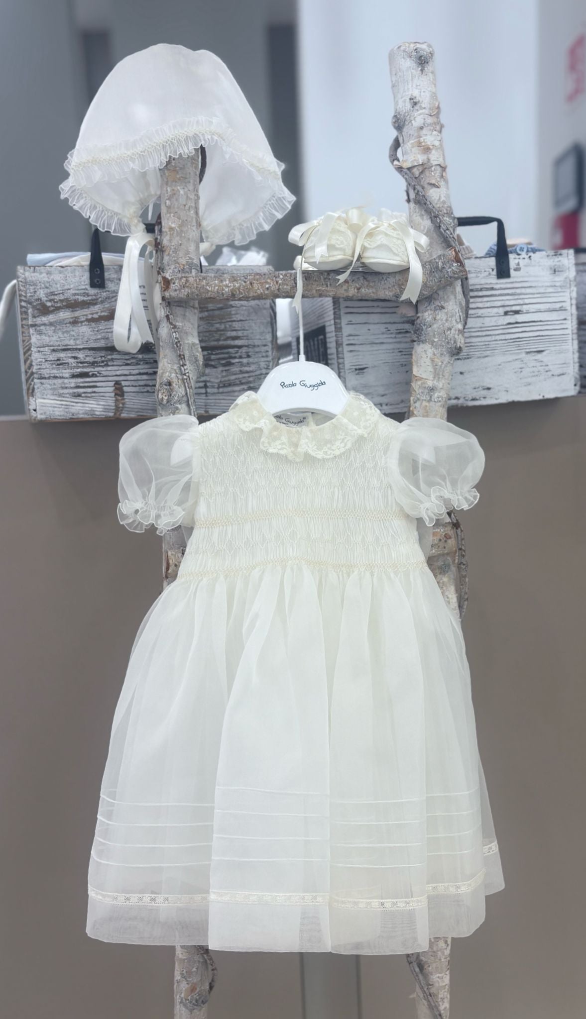 CORDINATO CERIMONIALE: VESTITO CORTO 100% SETA, CUFFIA E SCARPINA PICCOLA GIUGGIOLA - VENERE