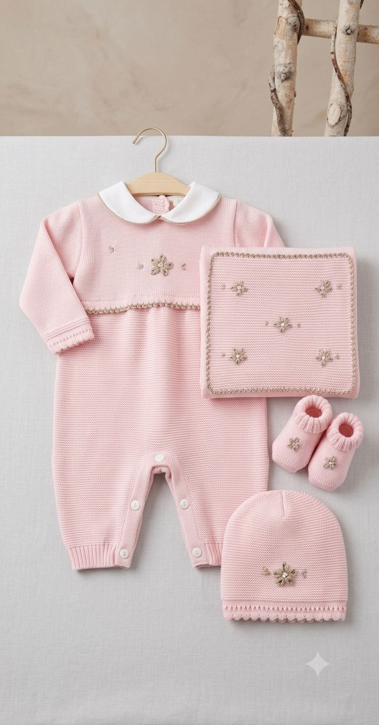 SET CORREDINO TUTINA IN MAGLIA, CAPPELLINO, SCARPINA E COPERTINA BEBE' DI ALMY