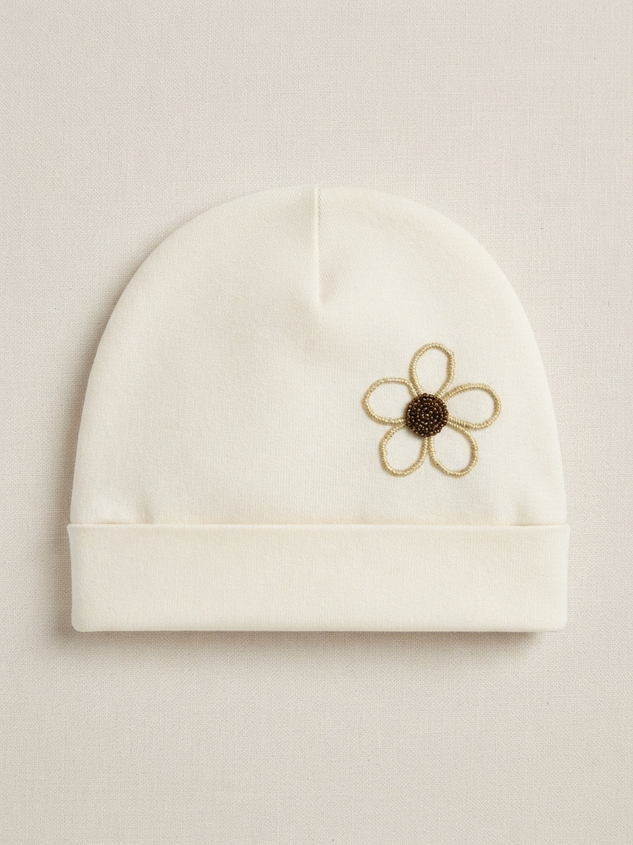 CAPPELLINO IN CALDO COTONE CON RICAMO FIORE  NINNAOH