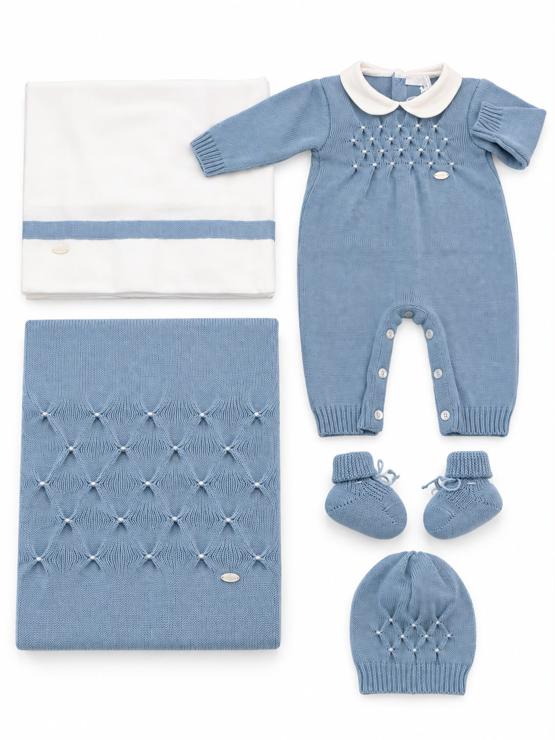SET CORDINATO: TUTINA IN MAGLIA, COPERTINA, BABBUCCE, LENZUOLA E CAPPELLINO NINNAOH