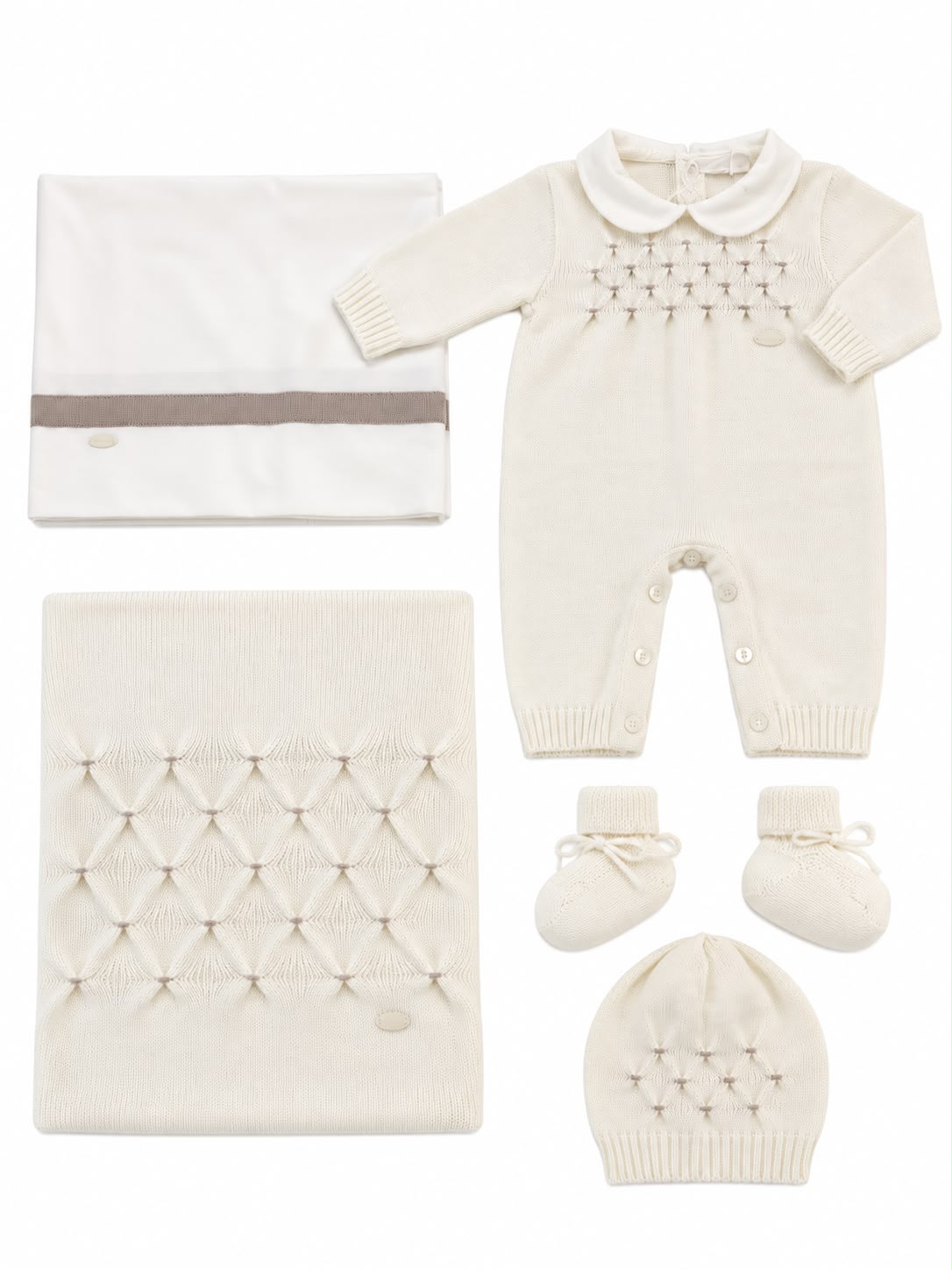 SET CORDINATO: TUTINA IN MAGLIA, COPERTINA, BABBUCCE, LENZUOLA E CAPPELLINO NINNAOH