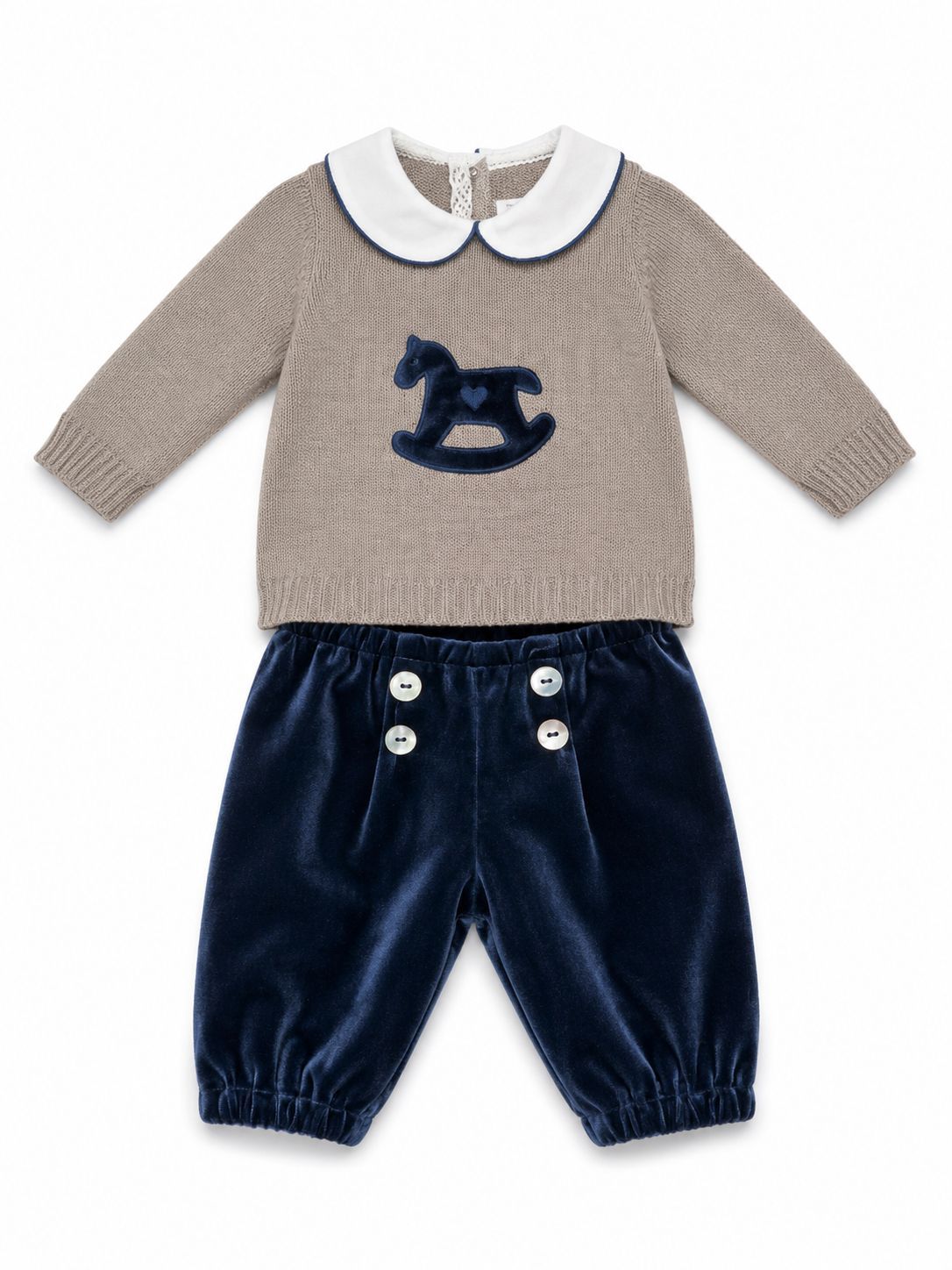 COMPLETO DUE PEZZI, MAGLIONCINO IN MAGLIA CON RICAMO CAVALLUCCIO E PANTALONE IN VELLUTO BABY LORD