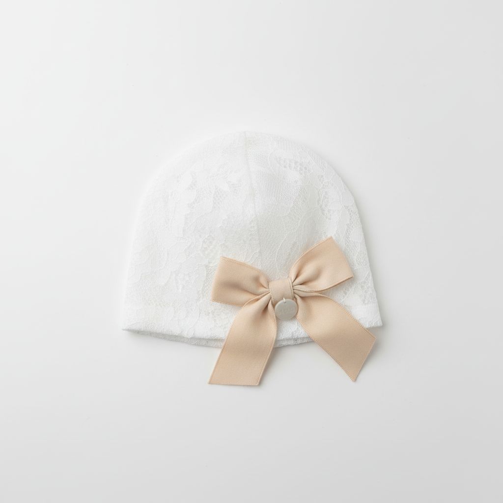 CAPPELLO NEONATA CON RICAMI E FIOCCO LE BEBE'